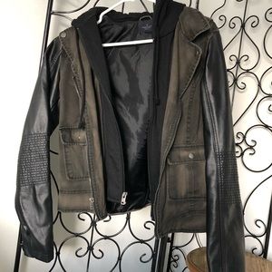 Faux leather jacket w/ detachable hoodie piece